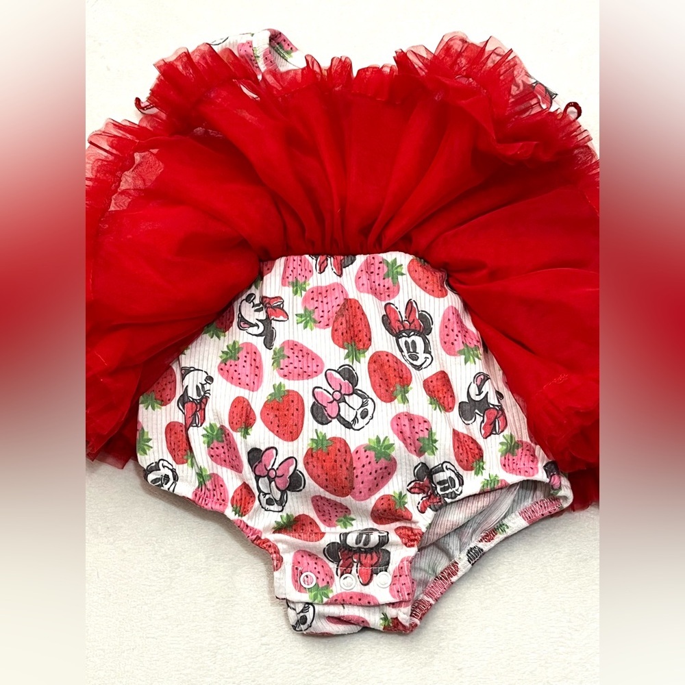 Disney Baby Minnie Mouse White & Pink Knit Fabric Outfit w Red Tulle Skirt Dress - Picture 10 of 13
